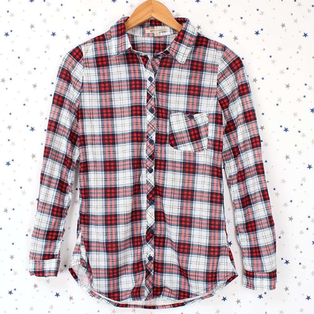 Off White Red Navy Knit Plaid Button Up Shirt